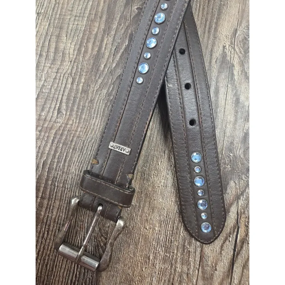 ARIAT Women's Blue Rhinestone Bling Western Dark Brown Leather Belt 33-37